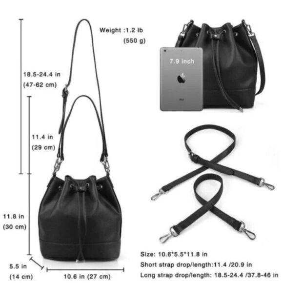 NEW BUCKET Bags with Drawstring Black Vegan Leather Hobo Handbag - Picture 4 of 7